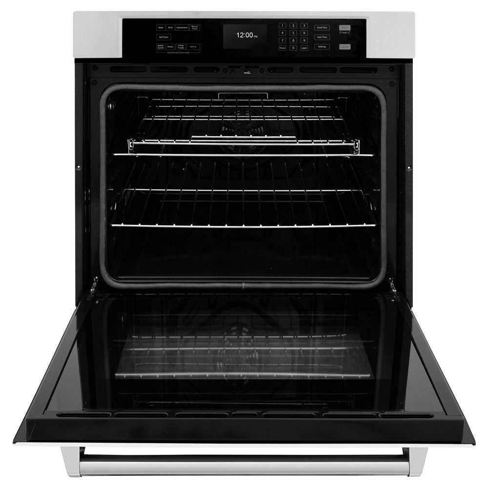 ZLINE 30 in. Professional True Convection Single Wall Oven with Air Fry and Self Clean in Stainless Steel with White Matte Door (WAS-WM-30) front, open.