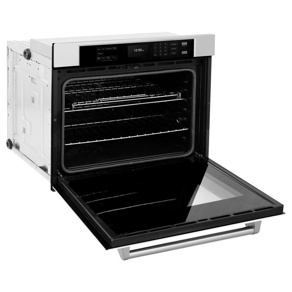 ZLINE 30 in. Professional True Convection Single Wall Oven with Air Fry and Self Clean in Stainless Steel with White Matte Door (WAS-WM-30) side, open.