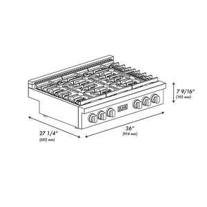 ZLINE Autograph Edition 36 in. Paramount Gas Rangetop with 6 Burner DuoPro™ Cooktop in Satin Stainless Steel and Polished Gold Accents (PSRTSZ-36-G) dimensional diagram.