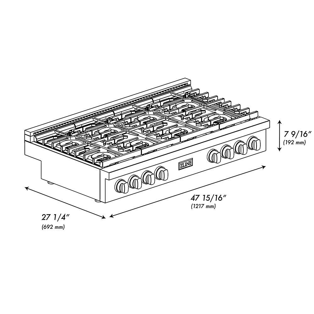 ZLINE Autograph Edition 48 in. Paramount Gas Rangetop with 8 Burner DuoPro™ Cooktop in Stainless Steel and Champagne Bronze Accents (PSRTZ-48-CB) dimensional diagram.