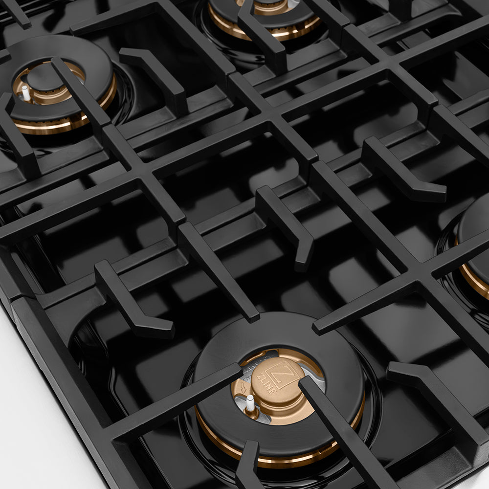 ZLINE Autograph Edition 30 in. Paramount Gas Rangetop with 4 Burner DuoPro™ Cooktop in Stainless Steel and Champagne Bronze Accents (PSRTZ-30-CB) burner spread and grates.