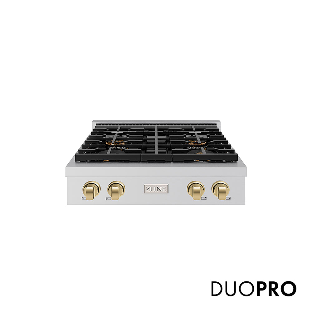 ZLINE Autograph Edition 30 in. Paramount Gas Rangetop with 4 Burner DuoPro™ Cooktop in Stainless Steel and Champagne Bronze Accents (PSRTZ-30-CB)