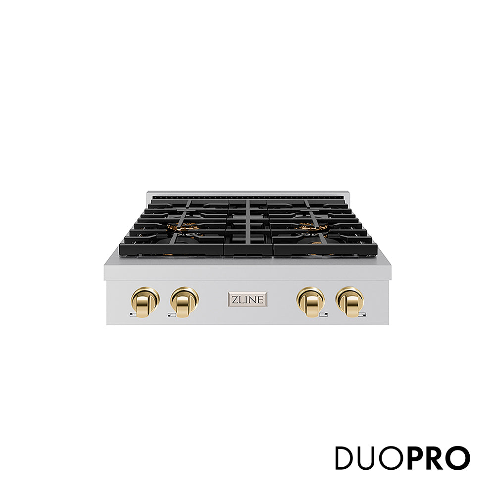 ZLINE Autograph Edition 30 in. Paramount Gas Rangetop with 4 Burner DuoPro™ Cooktop in Stainless Steel and Polished Gold Accents (PSRTZ-30-G)