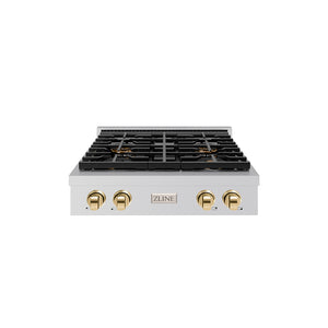 ZLINE Autograph Edition 30 in. Paramount Gas Rangetop with 4 Burner DuoPro™ Cooktop in Stainless Steel and Polished Gold Accents (PSRTZ-30-G)