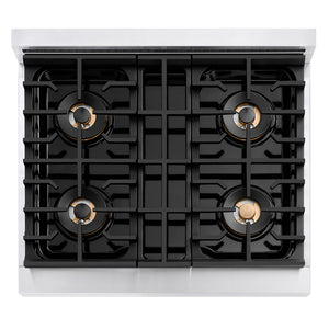ZLINE Autograph Edition 30 in. Paramount Gas Rangetop with 4 Burner DuoPro™ Cooktop in Stainless Steel and Polished Gold Accents (PSRTZ-30-G) top-down, above cooktop.