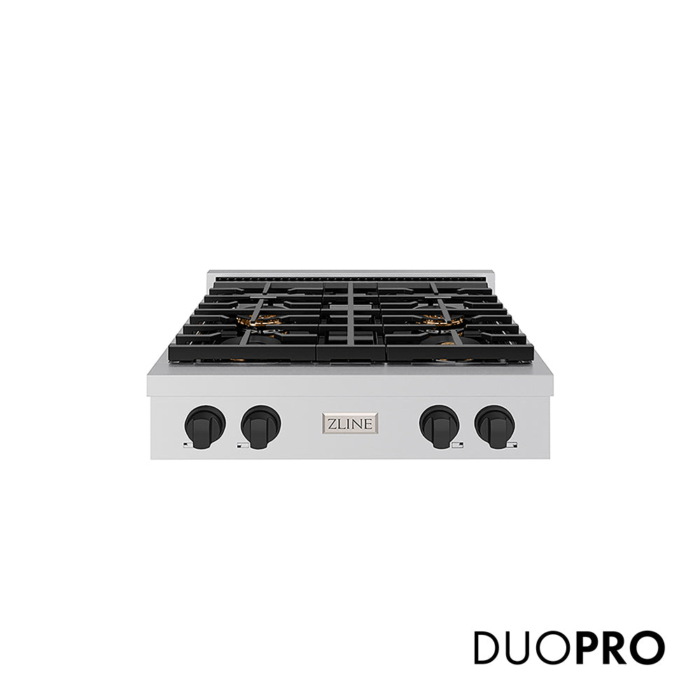ZLINE Autograph Edition 30 in. Paramount Gas Rangetop with 4 Burner DuoPro™ Cooktop in Stainless Steel and Matte Black Accents (PSRTZ-30-MB)