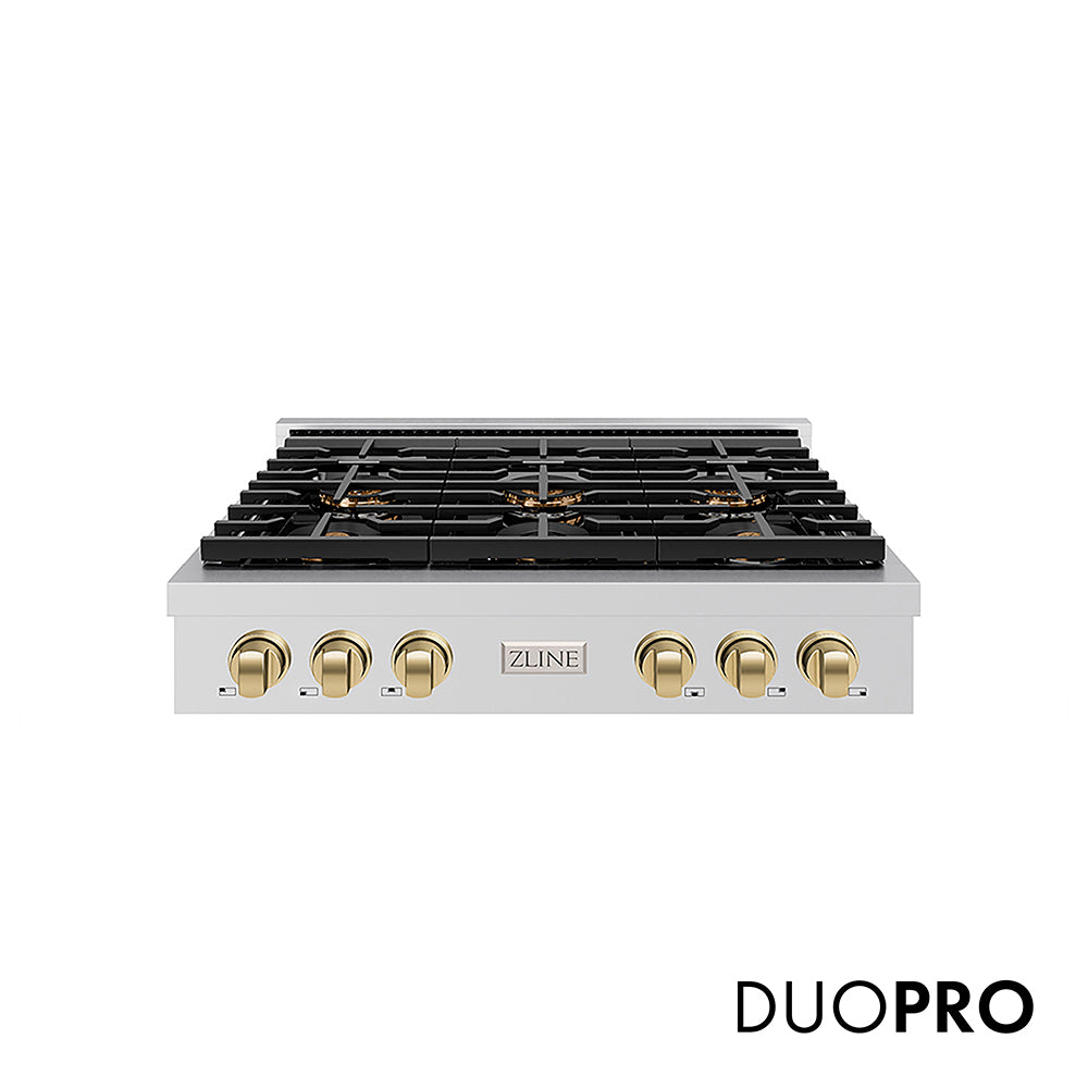 ZLINE Autograph Edition 36 in. Paramount Gas Rangetop with 6 Burner DuoPro™ Cooktop in Stainless Steel and Champagne Bronze Accents (PSRTZ-36-CB) front, with DuoPro™ logo.