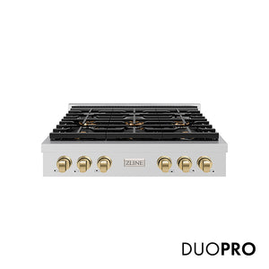 ZLINE Autograph Edition 36 in. Paramount Gas Rangetop with 6 Burner DuoPro™ Cooktop in Stainless Steel and Champagne Bronze Accents (PSRTZ-36-CB) front, with DuoPro™ logo.