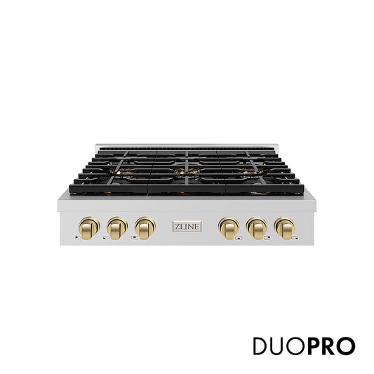 ZLINE Autograph Edition 36 in. Paramount Gas Rangetop with 6 Burner DuoPro™ Cooktop in Stainless Steel and Champagne Bronze Accents (PSRTZ-36-CB) front, with DuoPro™ logo.