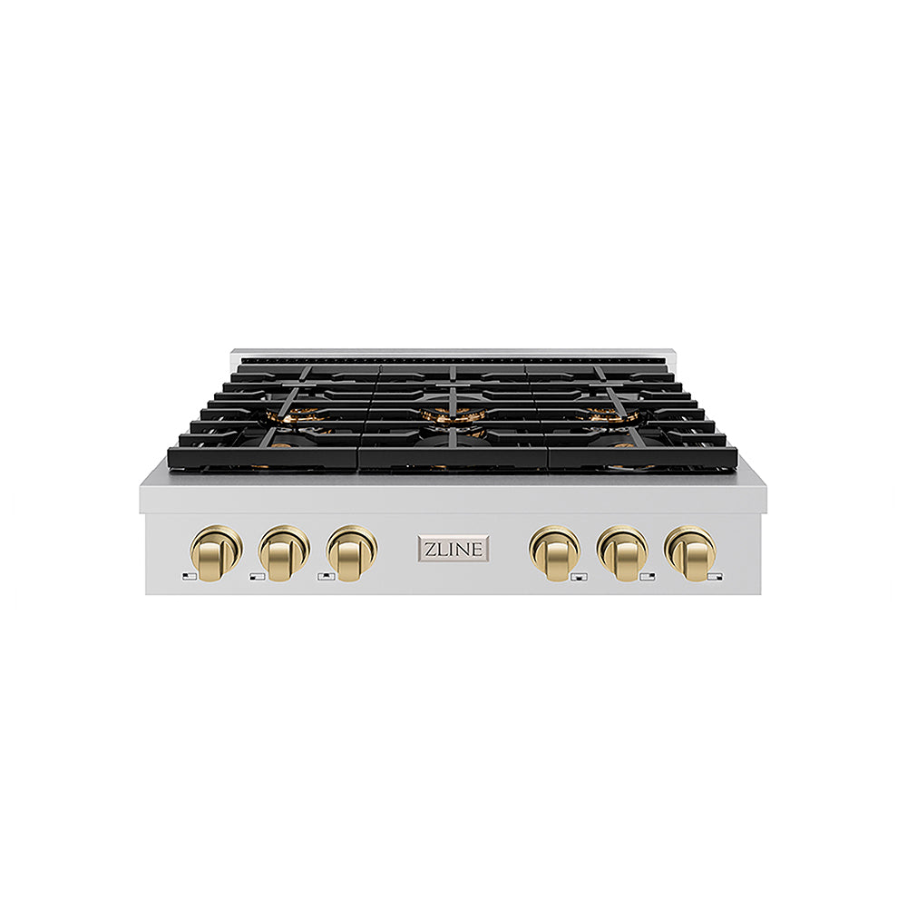 ZLINE Autograph Edition 36 in. Paramount Gas Rangetop with 6 Burner DuoPro™ Cooktop in Stainless Steel and Champagne Bronze Accents (PSRTZ-36-CB) front.