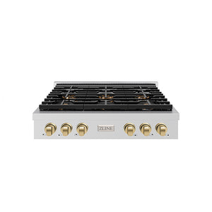 ZLINE Autograph Edition 36 in. Paramount Gas Rangetop with 6 Burner DuoPro™ Cooktop in Stainless Steel and Champagne Bronze Accents (PSRTZ-36-CB) front.