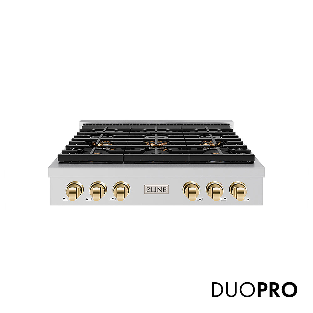 ZLINE Autograph Edition 36 in. Paramount Gas Rangetop with 6 Burner DuoPro™ Cooktop in Stainless Steel and Polished Gold Accents (PSRTZ-36-G) front, with DuoPro™ logo.