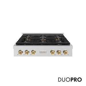 ZLINE Autograph Edition 36 in. Paramount Gas Rangetop with 6 Burner DuoPro™ Cooktop in Stainless Steel and Polished Gold Accents (PSRTZ-36-G) front, with DuoPro™ logo.