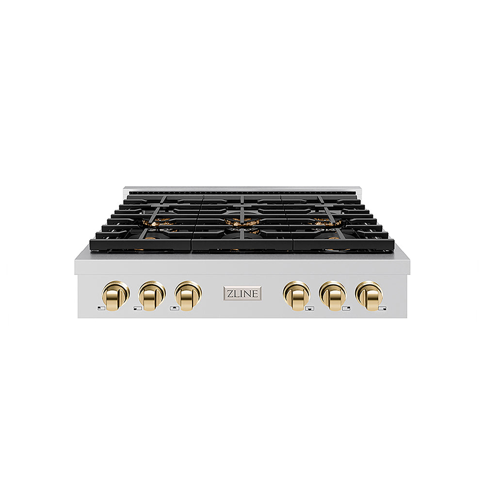 ZLINE Autograph Edition 36 in. Paramount Gas Rangetop with 6 Burner DuoPro™ Cooktop in Stainless Steel and Polished Gold Accents (PSRTZ-36-G) front.