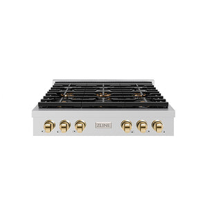 ZLINE Autograph Edition 36 in. Paramount Gas Rangetop with 6 Burner DuoPro™ Cooktop in Stainless Steel and Polished Gold Accents (PSRTZ-36-G) front.