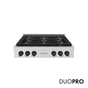 ZLINE Autograph Edition 36 in. Paramount Gas Rangetop with 6 Burner DuoPro™ Cooktop in Stainless Steel and Matte Black Accents (PSRTZ-36-MB) front, with DuoPro™ logo.