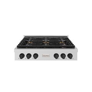 ZLINE Autograph Edition 36 in. Paramount Gas Rangetop with 6 Burner DuoPro™ Cooktop in Stainless Steel and Matte Black Accents (PSRTZ-36-MB) front.