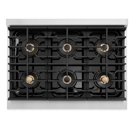 ZLINE Autograph Edition 36 in. Paramount Gas Rangetop with 6 Burner DuoPro™ Cooktop in Stainless Steel and Matte Black Accents (PSRTZ-36-MB) top-down, above cooktop.