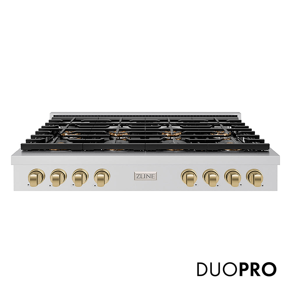 ZLINE Autograph Edition 48 in. Paramount Gas Rangetop with 8 Burner DuoPro™ Cooktop in Stainless Steel and Champagne Bronze Accents (PSRTZ-48-CB) front, with DuoPro™ logo.