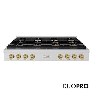 ZLINE Autograph Edition 48 in. Paramount Gas Rangetop with 8 Burner DuoPro™ Cooktop in Stainless Steel and Champagne Bronze Accents (PSRTZ-48-CB) front, with DuoPro™ logo.