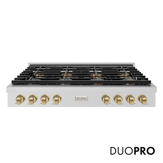 ZLINE Autograph Edition 48 in. Paramount Gas Rangetop with 8 Burner DuoPro™ Cooktop in Stainless Steel and Champagne Bronze Accents (PSRTZ-48-CB) front, with DuoPro™ logo.