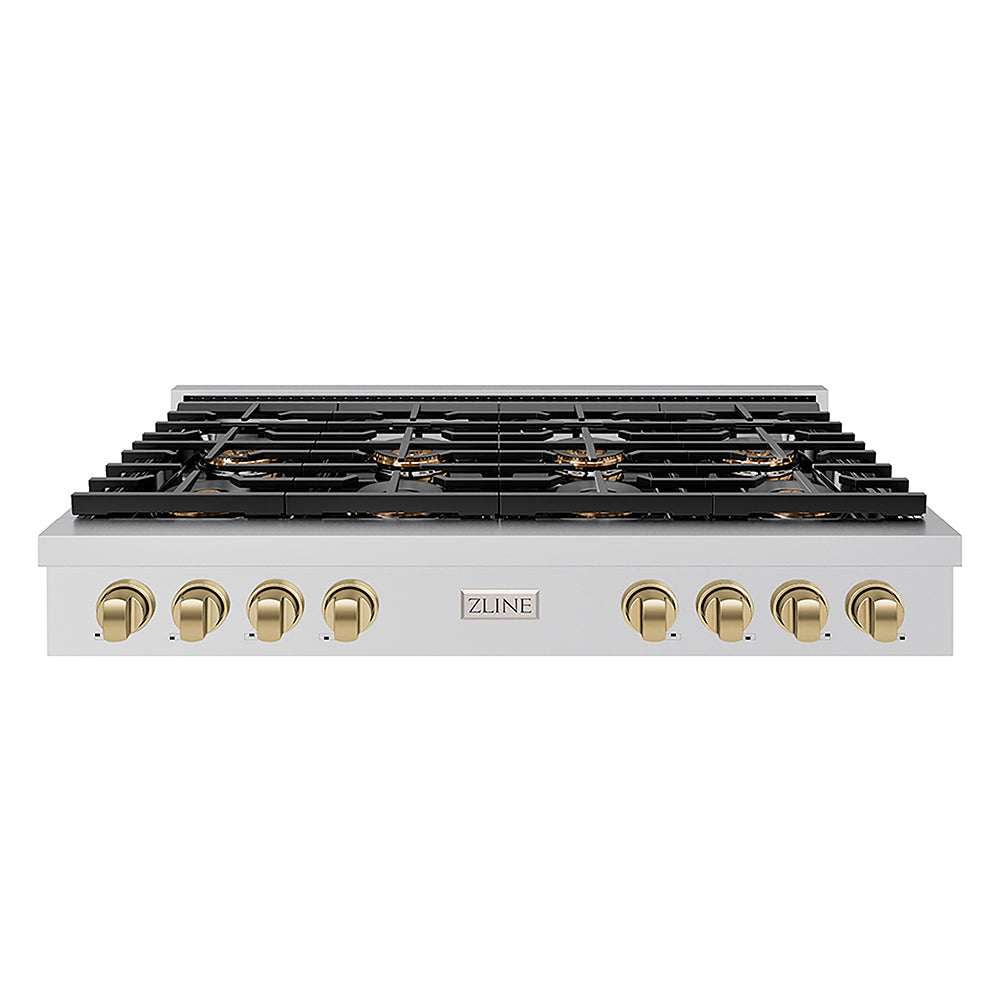 ZLINE Autograph Edition 48 in. Paramount Gas Rangetop with 8 Burner DuoPro™ Cooktop in Stainless Steel and Champagne Bronze Accents (PSRTZ-48-CB) front.