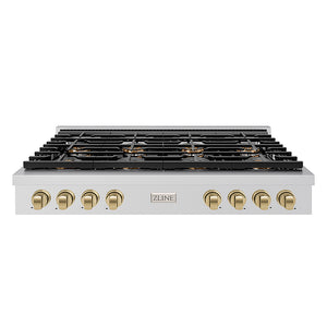 ZLINE Autograph Edition 48 in. Paramount Gas Rangetop with 8 Burner DuoPro™ Cooktop in Stainless Steel and Champagne Bronze Accents (PSRTZ-48-CB) front.