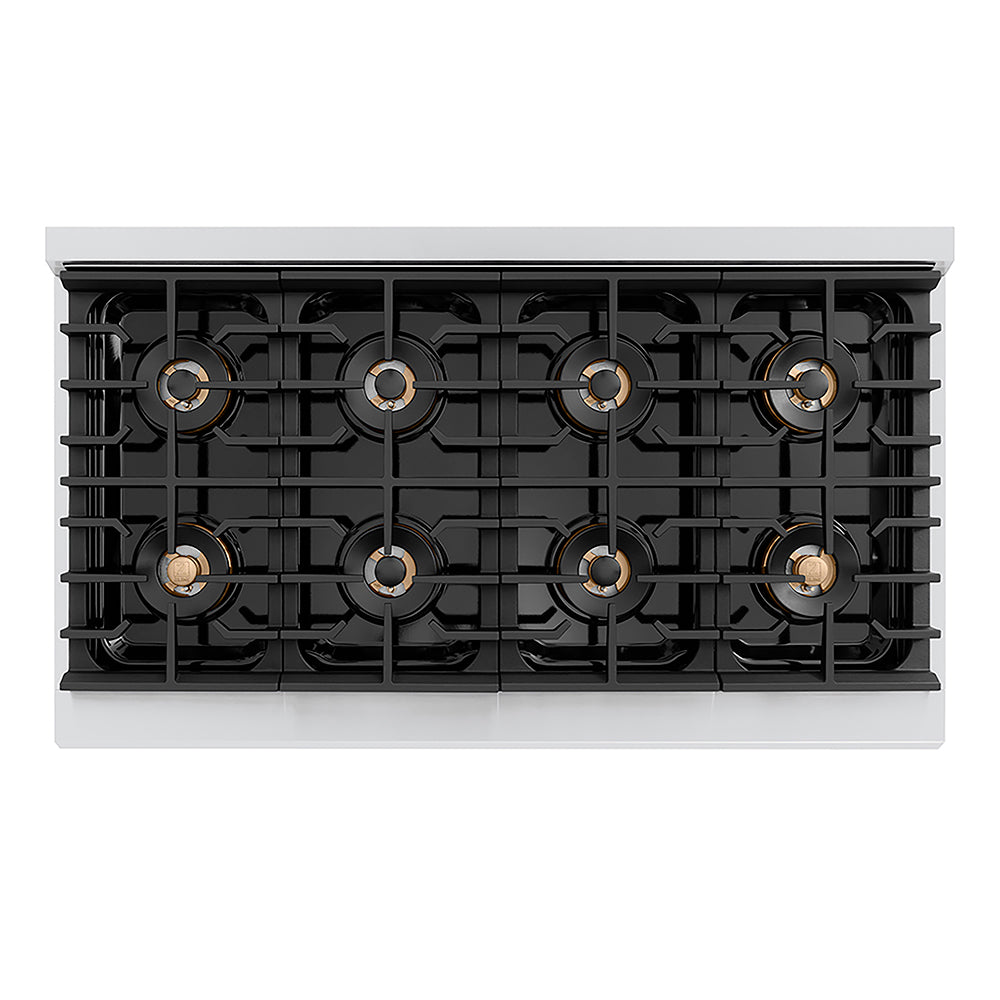ZLINE Autograph Edition 48 in. Paramount Gas Rangetop with 8 Burner DuoPro™ Cooktop in Stainless Steel and Champagne Bronze Accents (PSRTZ-48-CB) top-down, above cooktop.