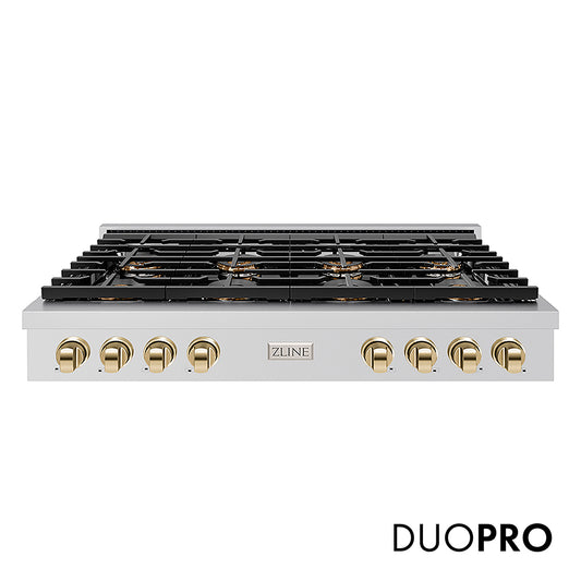 ZLINE Autograph Edition 48 in. Paramount Gas Rangetop with 8 Burner DuoPro™ Cooktop in Stainless Steel and Polished Gold Accents (PSRTZ-48-G)