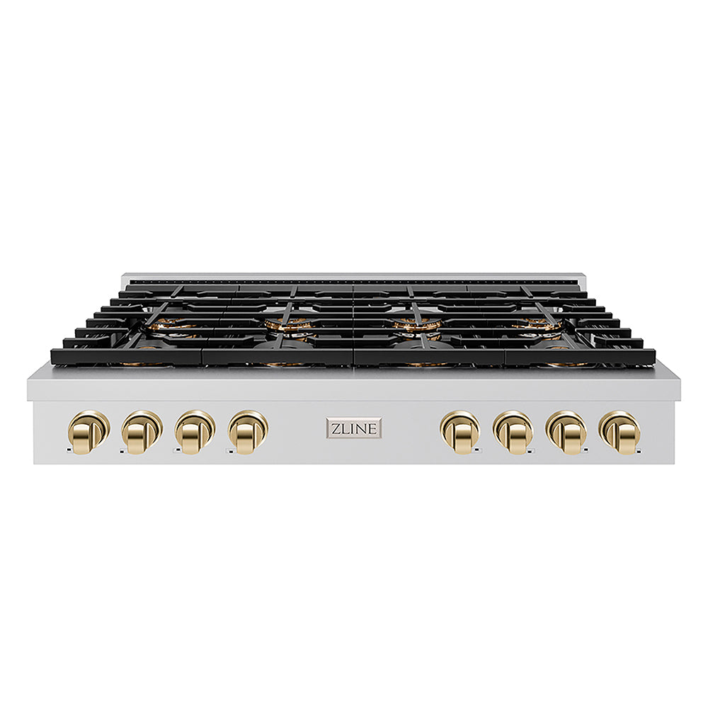 ZLINE Autograph Edition 48 in. Paramount Gas Rangetop with 8 Burner DuoPro™ Cooktop in Stainless Steel and Polished Gold Accents (PSRTZ-48-G)