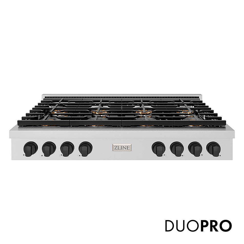 ZLINE Autograph Edition 48 in. Paramount Gas Rangetop with 8 Burner DuoPro™ Cooktop in Stainless Steel and Matte Black Accents (PSRTZ-48-MB) front, with DuoPro™ logo.