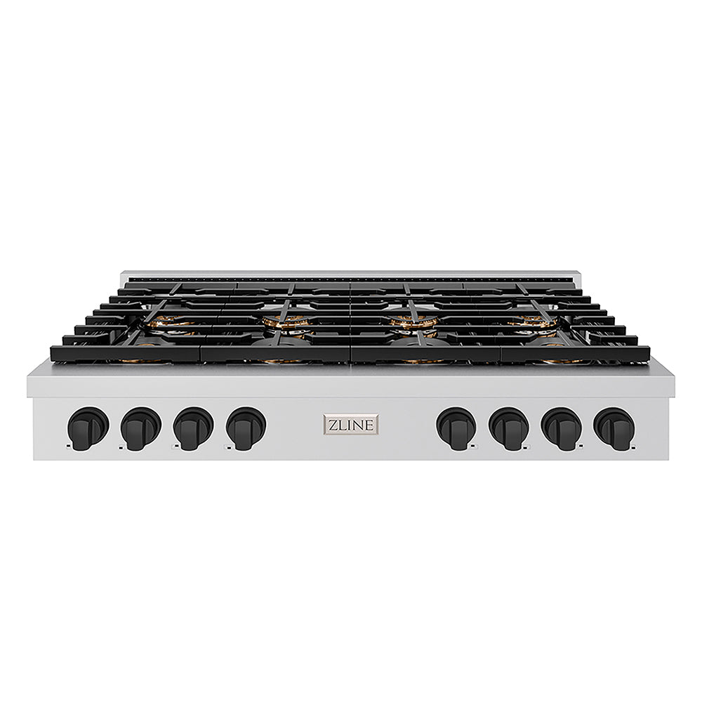 ZLINE Autograph Edition 48 in. Paramount Gas Rangetop with 8 Burner DuoPro™ Cooktop in Stainless Steel and Matte Black Accents (PSRTZ-48-MB) front.