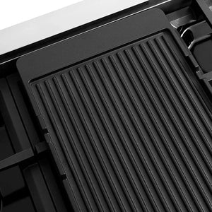 ZLINE Autograph Edition 48 in. Paramount Gas Rangetop with 8 Burner DuoPro™ Cooktop in Stainless Steel and Matte Black Accents (PSRTZ-48-MB) reversible griddle ribbed side.