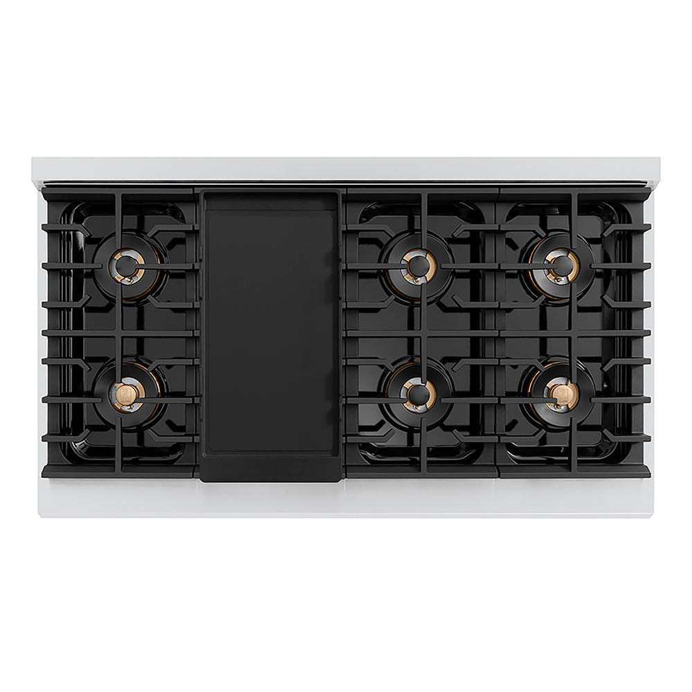 ZLINE Autograph Edition 48 in. Paramount Gas Rangetop with 8 Burner DuoPro™ Cooktop in Stainless Steel and Matte Black Accents (PSRTZ-48-MB) top-down, above cooktop with griddle.