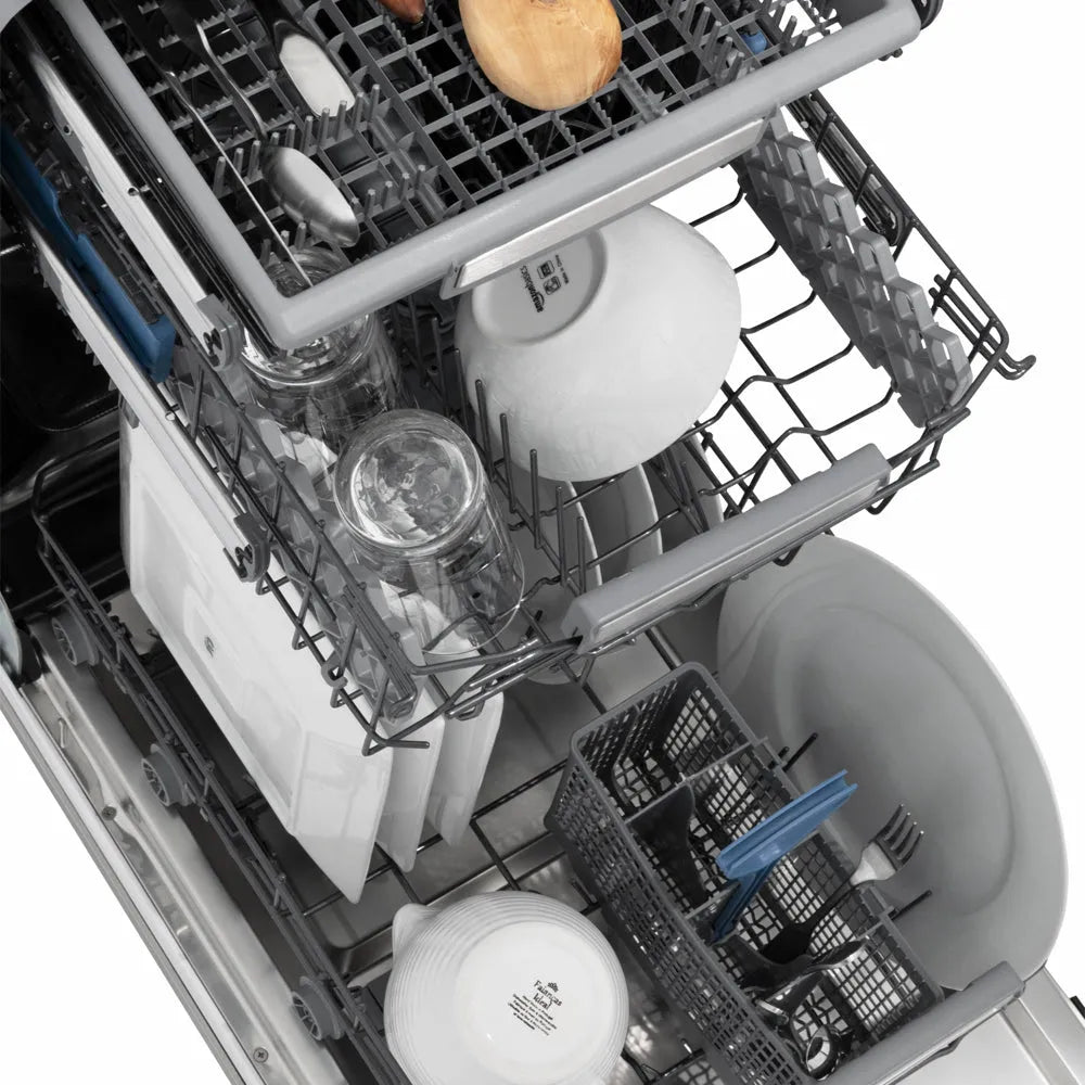 ZLINE 18 in. Tallac Series 3rd Rack Dishwasher with Auto Door Open Drying, 51dBa, Panel Ready (DWV-18) open, with dishes inside.