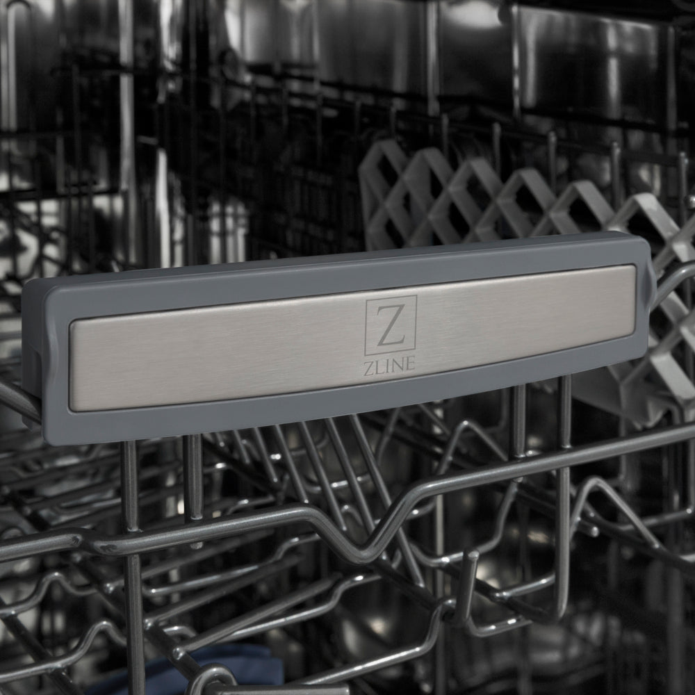 ZLINE 18 in. Tallac Series 3rd Rack Dishwasher with Auto Door Open Drying, 51dBa, Panel Ready (DWV-18) close-up, ZLINE logo on dish rack.