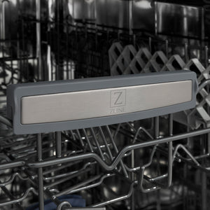 ZLINE 18 in. Tallac Series 3rd Rack Dishwasher with Auto Door Open Drying, 51dBa, Panel Ready (DWV-18) close-up, ZLINE logo on dish rack.