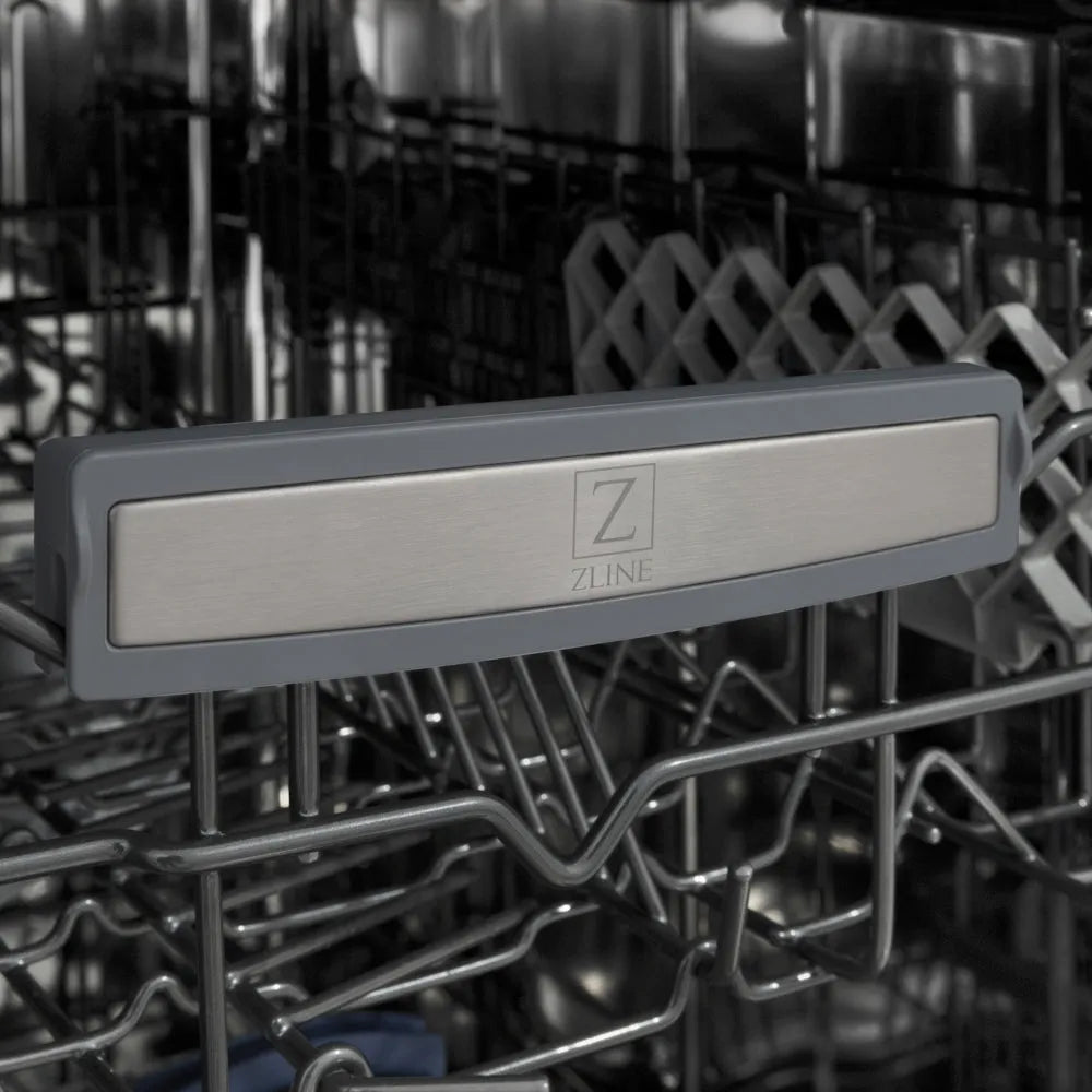 ZLINE 18 in. Tallac Series 3rd Rack Dishwasher with Auto Door Open Drying, 51dBa, Panel Ready (DWV-18) close-up, ZLINE logo on dish rack.