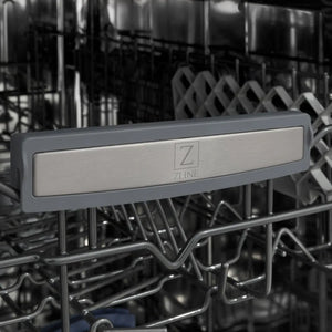 ZLINE 18 in. Tallac Series 3rd Rack Dishwasher with Auto Door Open Drying, 51dBa, Panel Ready (DWV-18) close-up, ZLINE logo on dish rack.