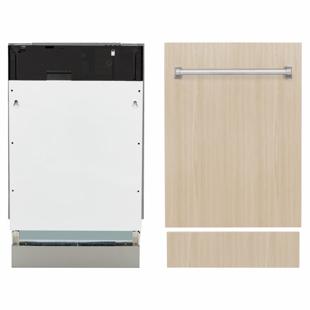 ZLINE 18 in. Tallac Series 3rd Rack Dishwasher with Auto Door Open Drying, 51dBa, Panel Ready (DWV-18) front, unit next to panels.