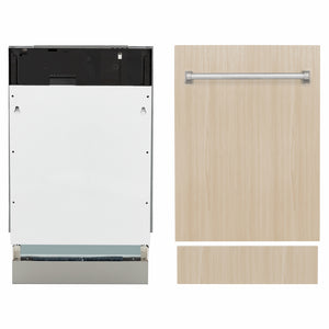 ZLINE 18 in. Tallac Series 3rd Rack Dishwasher with Auto Door Open Drying, 51dBa, Panel Ready (DWV-18) front, unit next to panels.