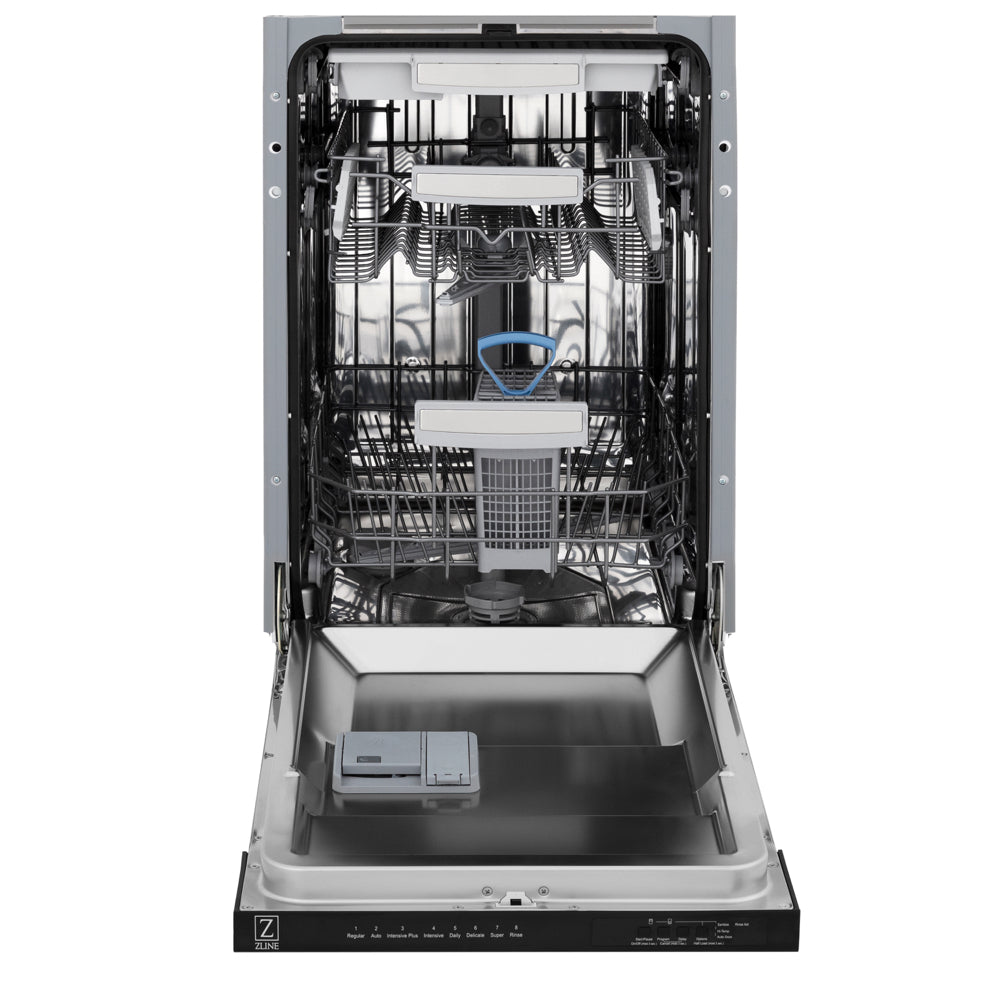 ZLINE 18 in. Tallac Series 3rd Rack Dishwasher with Auto Door Open Drying, 51dBa, Panel Ready (DWV-18) front, open, showing stainless steel tub.
