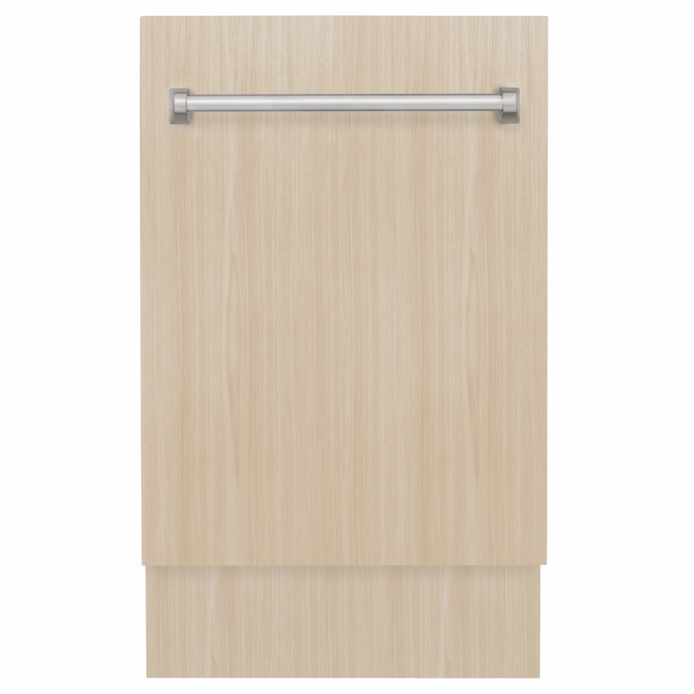 ZLINE 18 in. Tallac Series 3rd Rack Dishwasher with Auto Door Open Drying, 51dBa, Panel Ready (DWV-18) front, with custom wood panel.