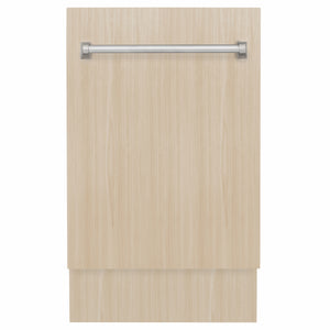 ZLINE 18 in. Tallac Series 3rd Rack Dishwasher with Auto Door Open Drying, 51dBa, Panel Ready (DWV-18) front, with custom wood panel.