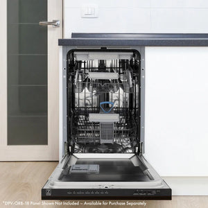 ZLINE 18 in. Tallac Series 3rd Rack Dishwasher with Auto Door Open Drying, 51dBa, Panel Ready (DWV-18) open, in a kitchen setting with white cabinets.