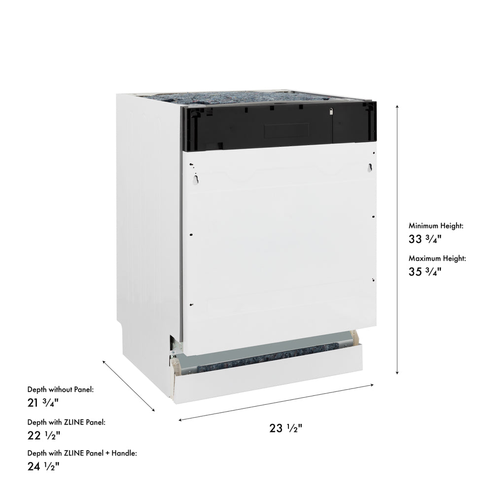 ZLINE 24 in. Tallac Series 3rd Rack Dishwasher with Auto Door Open Drying, 51dBa, Panel Ready (DWV-24) with dimensions labeled.