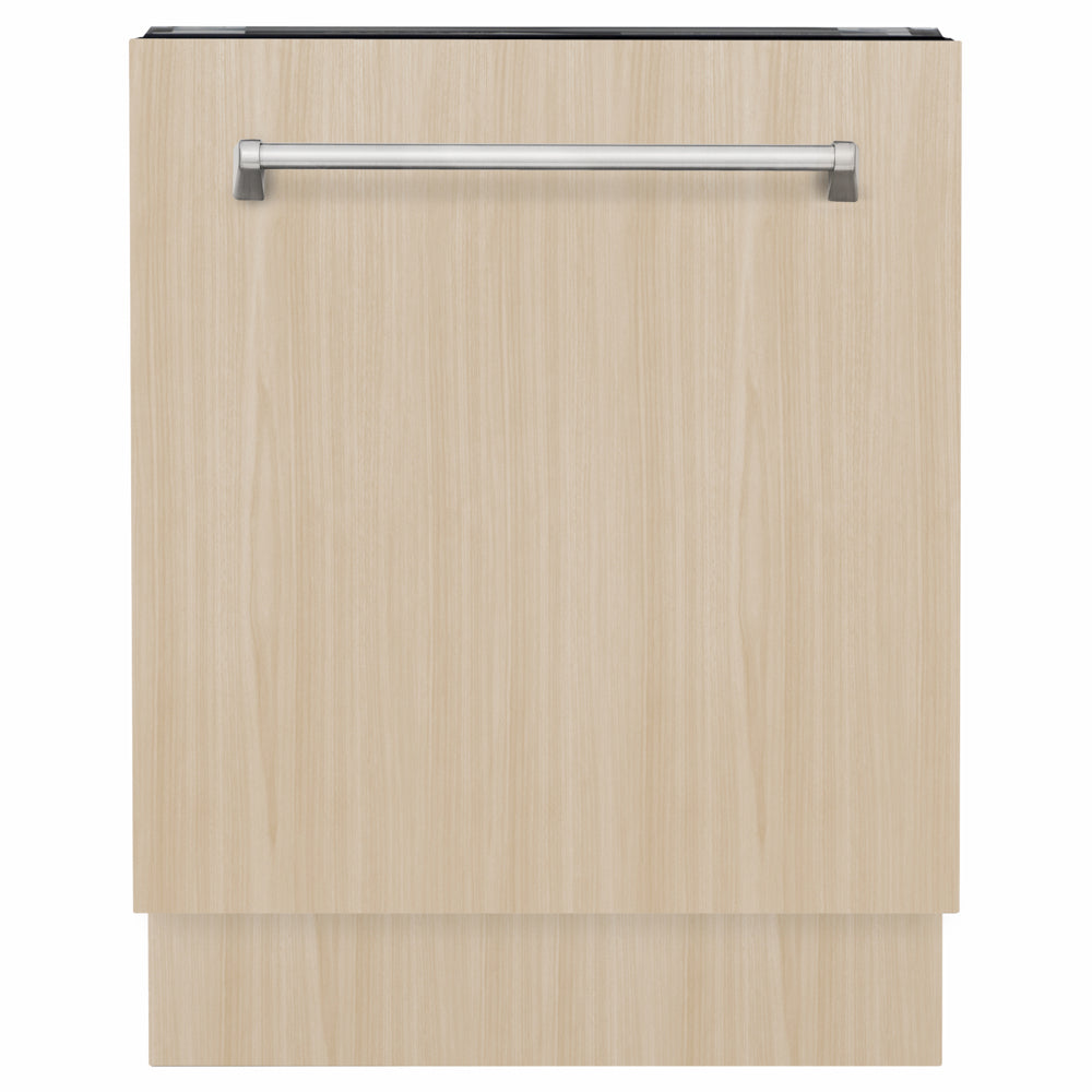 ZLINE 24 in. Tallac Series 3rd Rack Dishwasher with Auto Door Open Drying, 51dBa, Panel Ready (DWV-24) front, with custom wood panel.