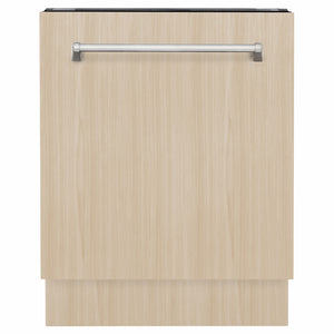 ZLINE 24 in. Tallac Series 3rd Rack Dishwasher with Auto Door Open Drying, 51dBa, Panel Ready (DWV-24) front, with custom wood panel.