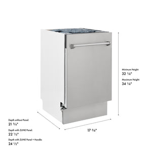 ZLINE 18 in. Tallac Series 3rd Rack Dishwasher with Auto Door Open Drying, 51dBa, Stainless Steel Panel (DWV-304-18) with dimensions labeled.