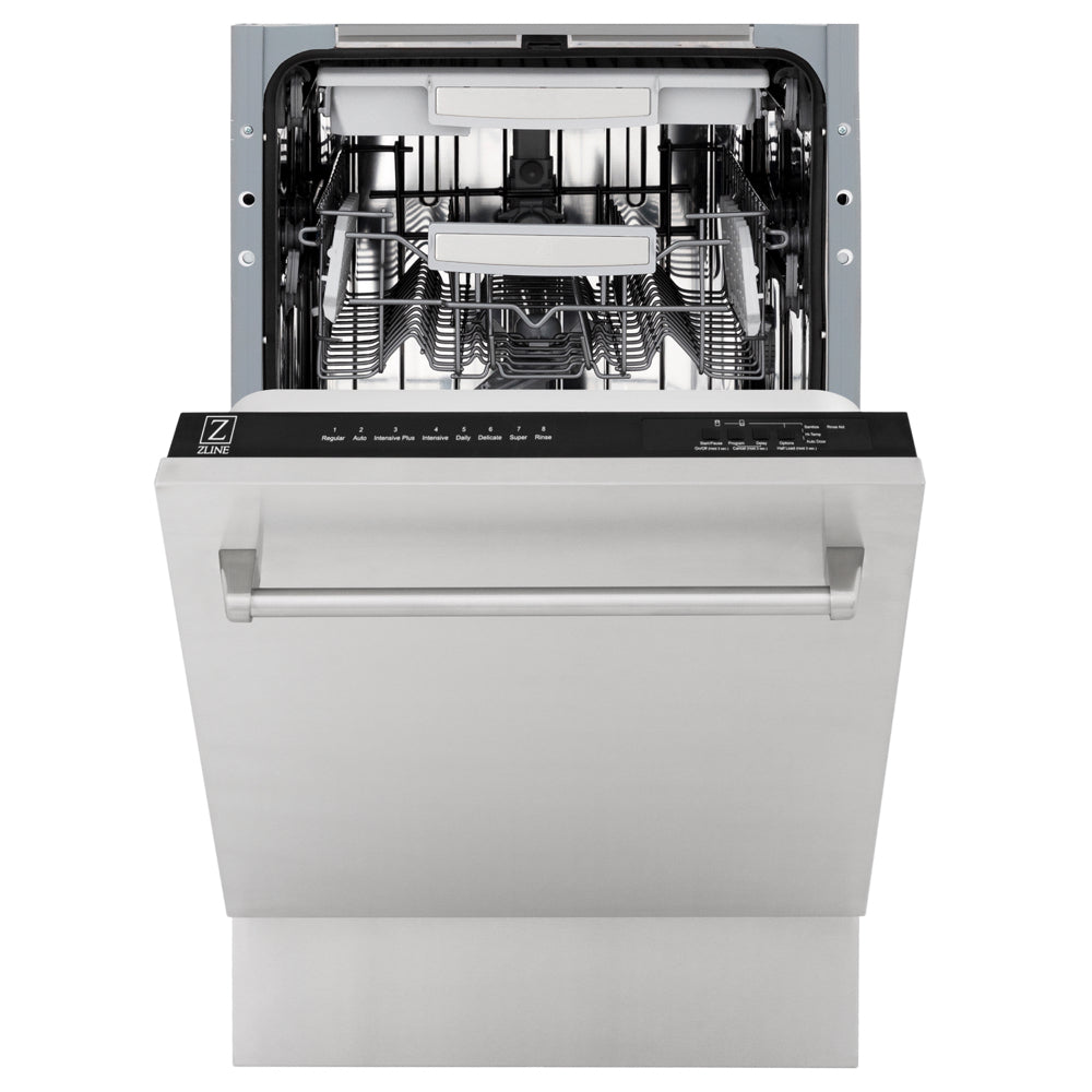 ZLINE 18 in. Tallac Series 3rd Rack Dishwasher with Auto Door Open Drying, 51dBa, Stainless Steel Panel (DWV-304-18) front, half open.